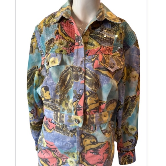 Vintage Opal Lorraine Wardy Pop Art Denim & Chiffon Jacket & Mini Skirt Size 6 - Picture 5 of 15